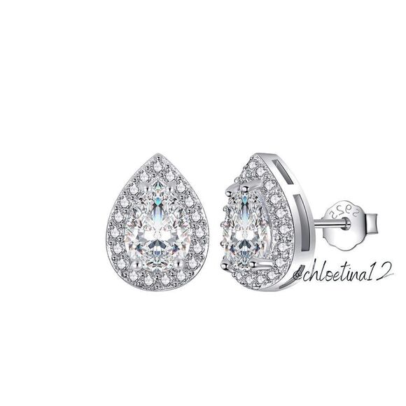 ✨New 925 Sterling Teardrop Diamond Halo Stud Earrings - Picture 3 of 6